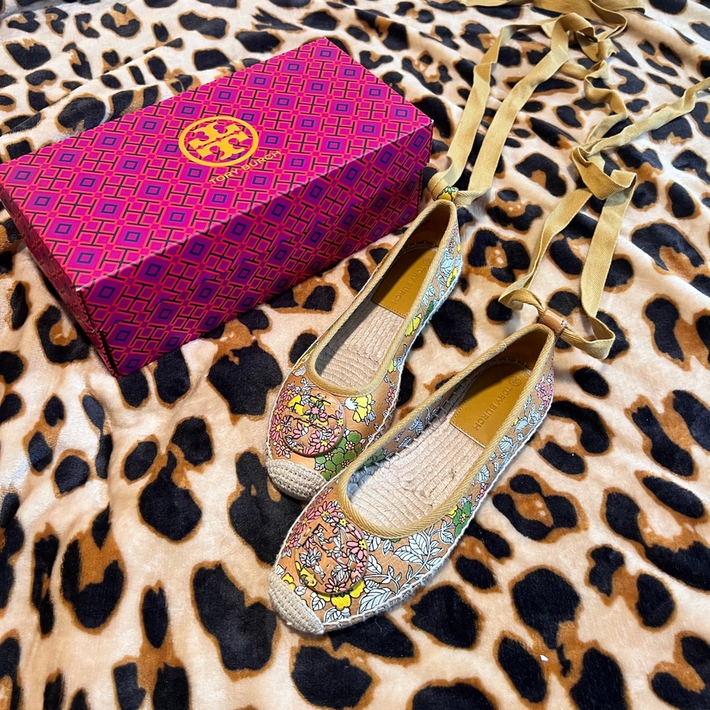 Tory Burch Floral Ballet Strap-Up Flats